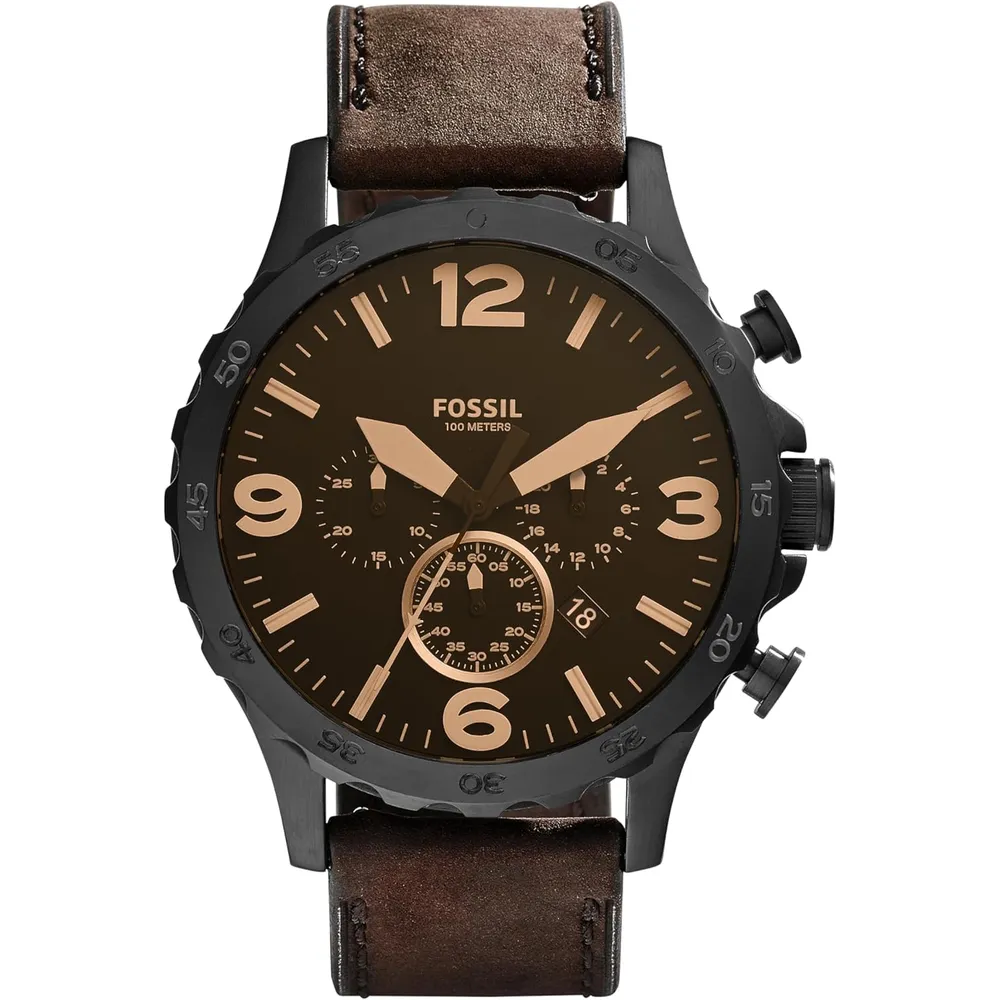 Fossil JR1353 reloj para hombre Nate cronógrafo de acero inoxidable | 50 mm - Negro/Cuero Marron