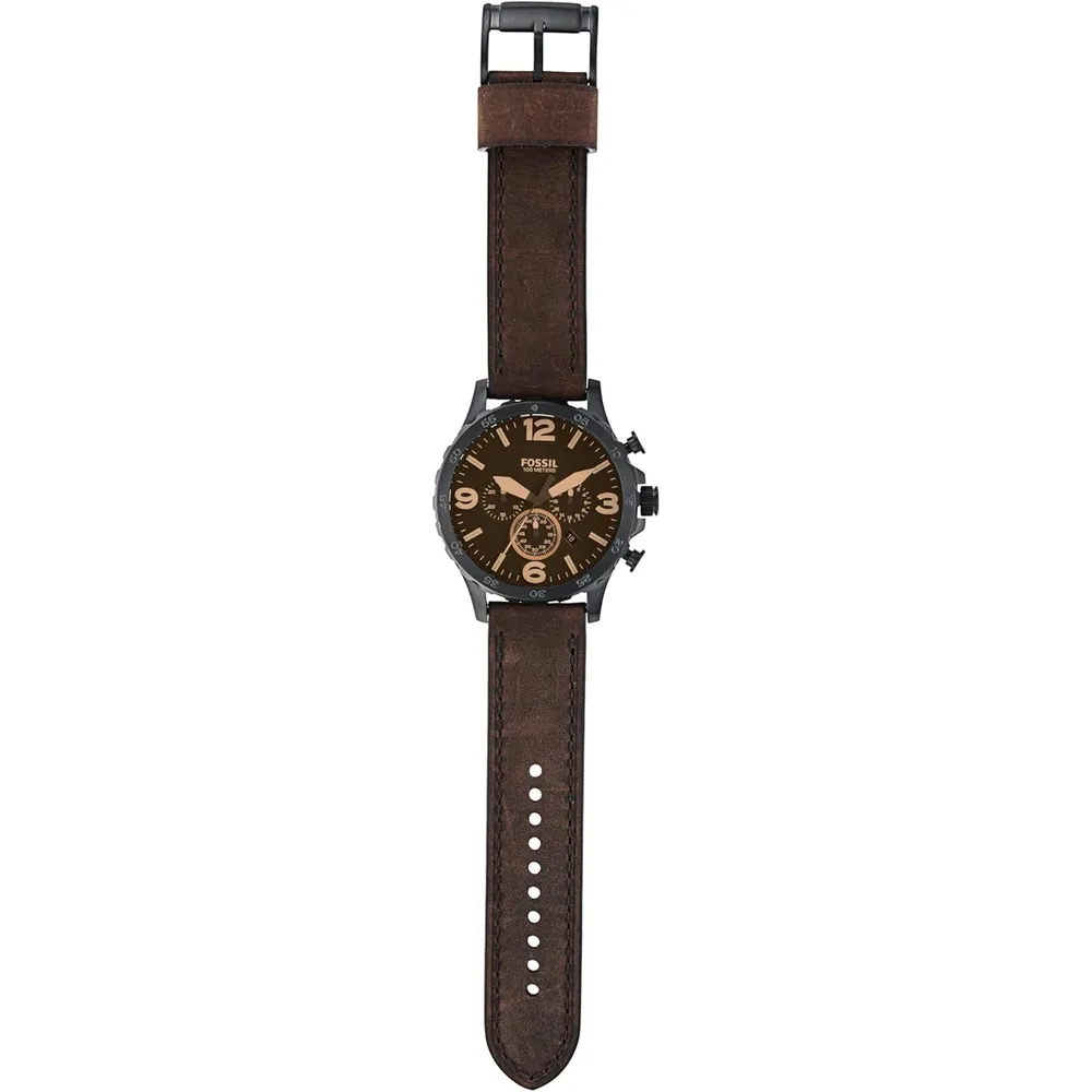 Fossil JR1353 reloj para hombre Nate cronógrafo de acero inoxidable | 50 mm - Negro/Cuero Marron