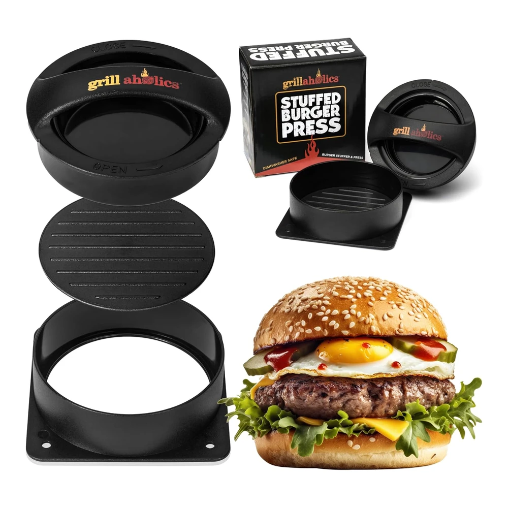 Grillaholics - Prensa para Hamburguesas Rellenas y Libro Electrónico de Recetas - Elaborador de Hamburguesa Patty para Asar a La Parrilla - Accesorios para Parrilla Tipo Bbq