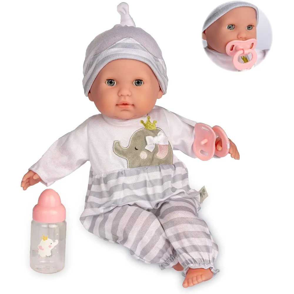 BERENGUER muñeca bebé 15"/38 cm con accesorios | Conjunto básico gris