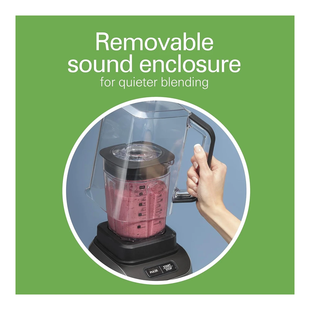 HAMILTON BEACH (58870) LICUADORA PROFESIONAL - SILENCIOSA - DE 1500 WATTS - CON PROTECCIÓN EXTERNA - DE 32 ONZAS - SIN BPA - CON 4 PROGRAMAS - COLOR PLATEADO.
