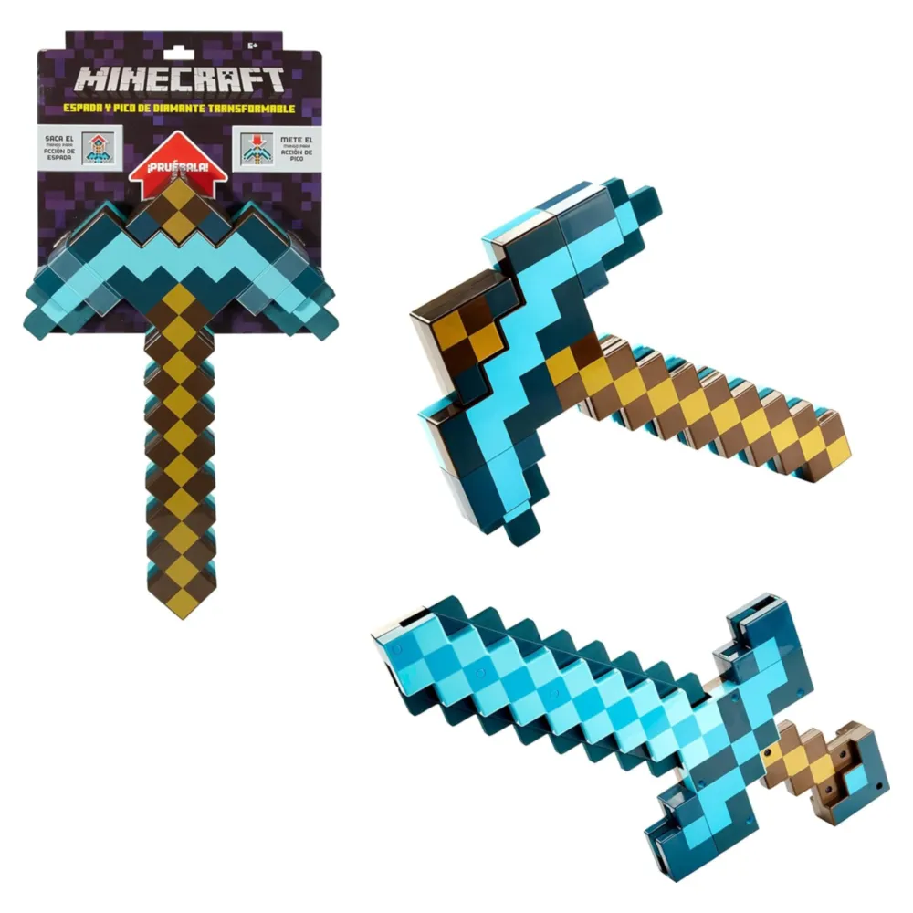 Minecraft espada y pico transformables, juguete transformable