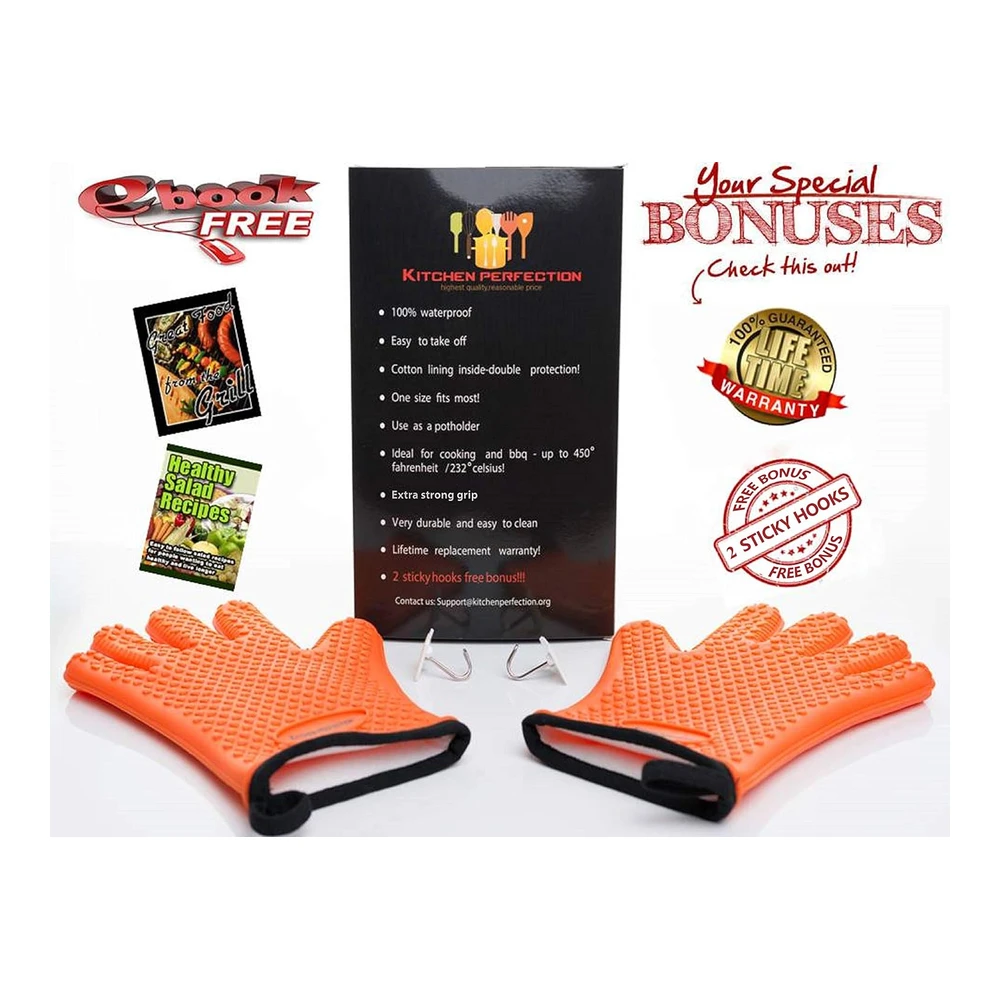 Kitchen Perfection Guantes de Silicona para Horno Ahumador -Guantes de Barbacoa Extremadamente Resistentes Al Calor-Maneja La Comida Caliente Directamente En Tu Parrilla Freidora y Fosa|Guantes para Cocinar a Prueba de Agua|Set de Valor Superior +3 Bonos