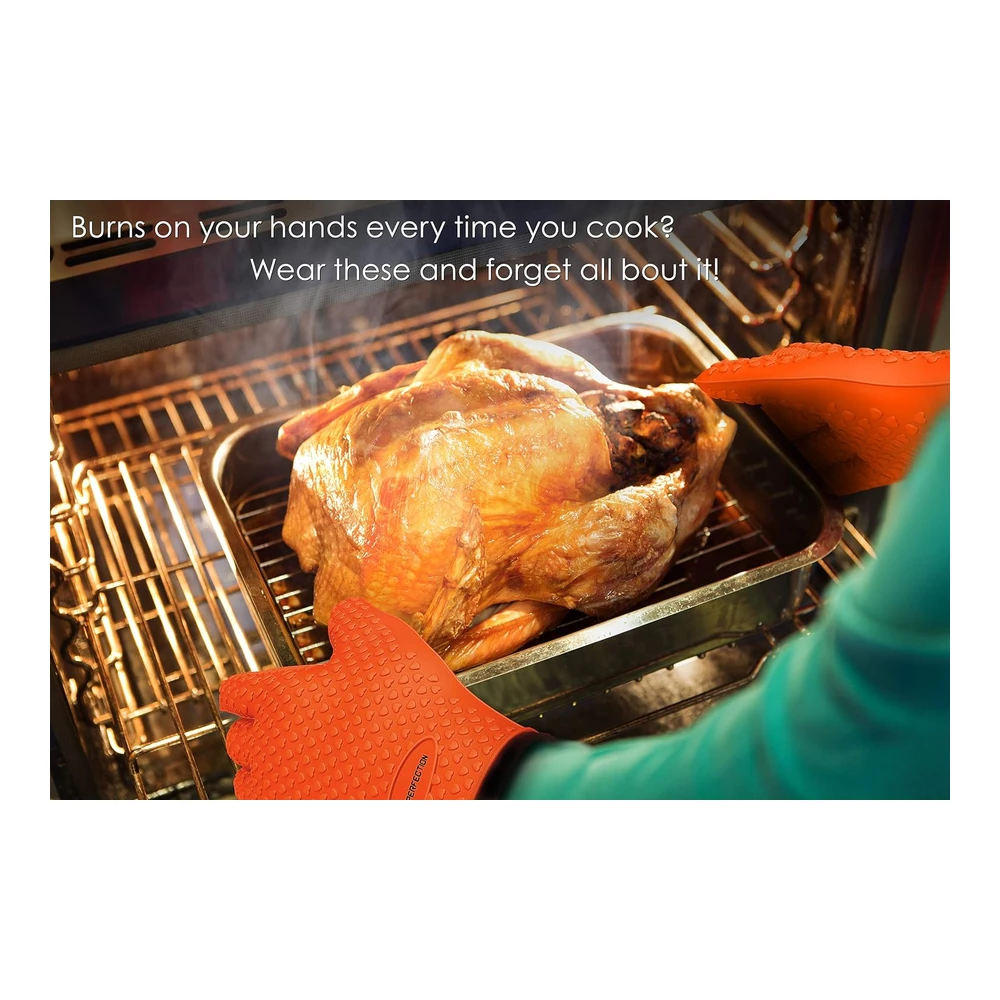 Kitchen Perfection Guantes de Silicona para Horno Ahumador -Guantes de Barbacoa Extremadamente Resistentes Al Calor-Maneja La Comida Caliente Directamente En Tu Parrilla Freidora y Fosa|Guantes para Cocinar a Prueba de Agua|Set de Valor Superior +3 Bonos