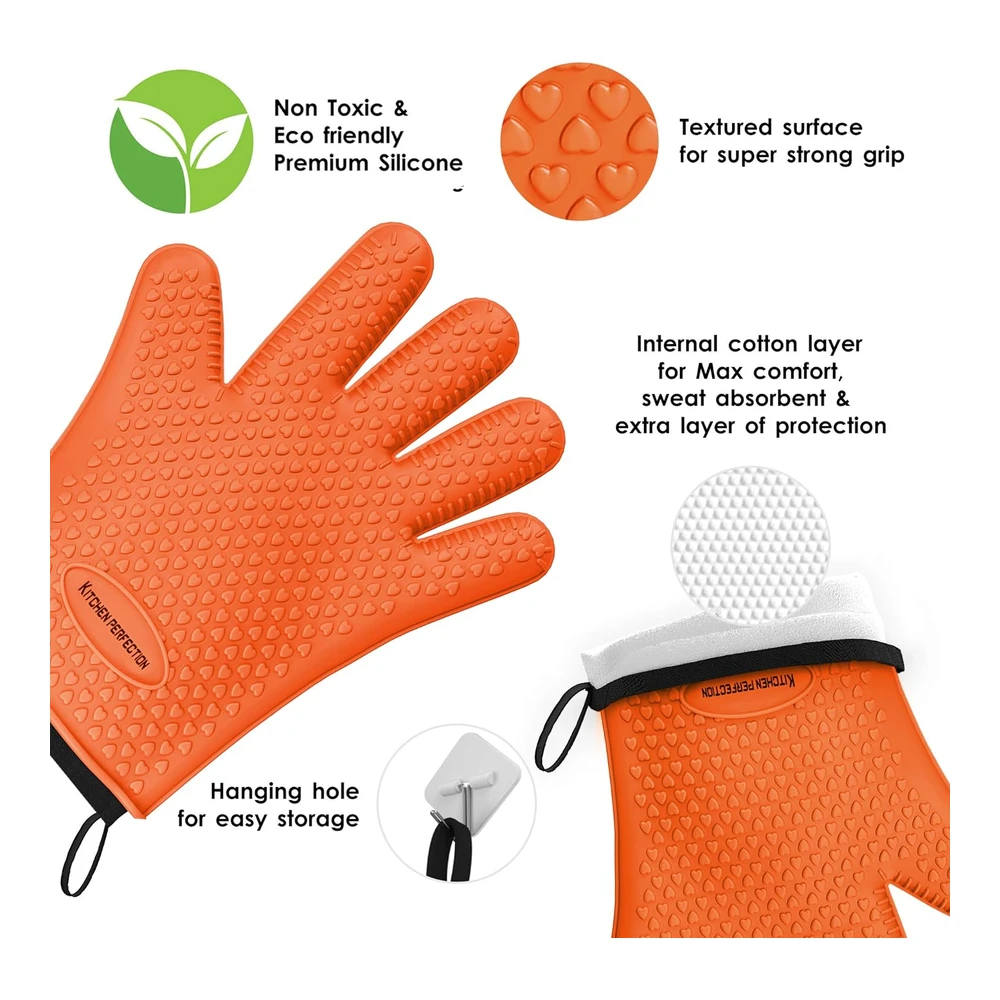 Kitchen Perfection Guantes de Silicona para Horno Ahumador -Guantes de Barbacoa Extremadamente Resistentes Al Calor-Maneja La Comida Caliente Directamente En Tu Parrilla Freidora y Fosa|Guantes para Cocinar a Prueba de Agua|Set de Valor Superior +3 Bonos