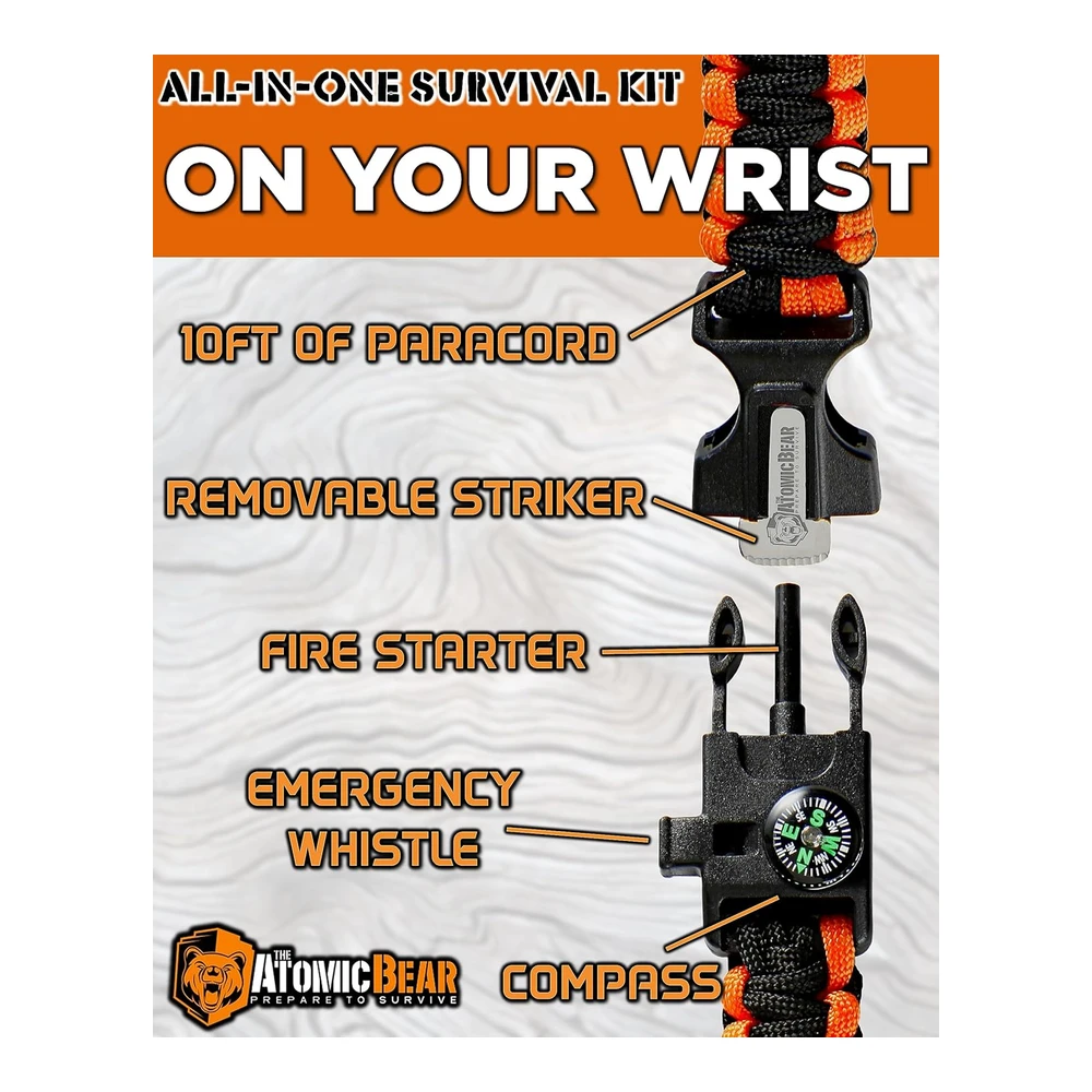 Pulsera de Supervivencia (Paquete de 2) Paracord 550 - Brújula - Encender Fuego - Silbato - Cuchillo de Emergencia - Equipo para Senderismo - Campamentos - Pesca - Caza - Prepárate para Sobrevivir - Color - Negro - Negro y Naranja