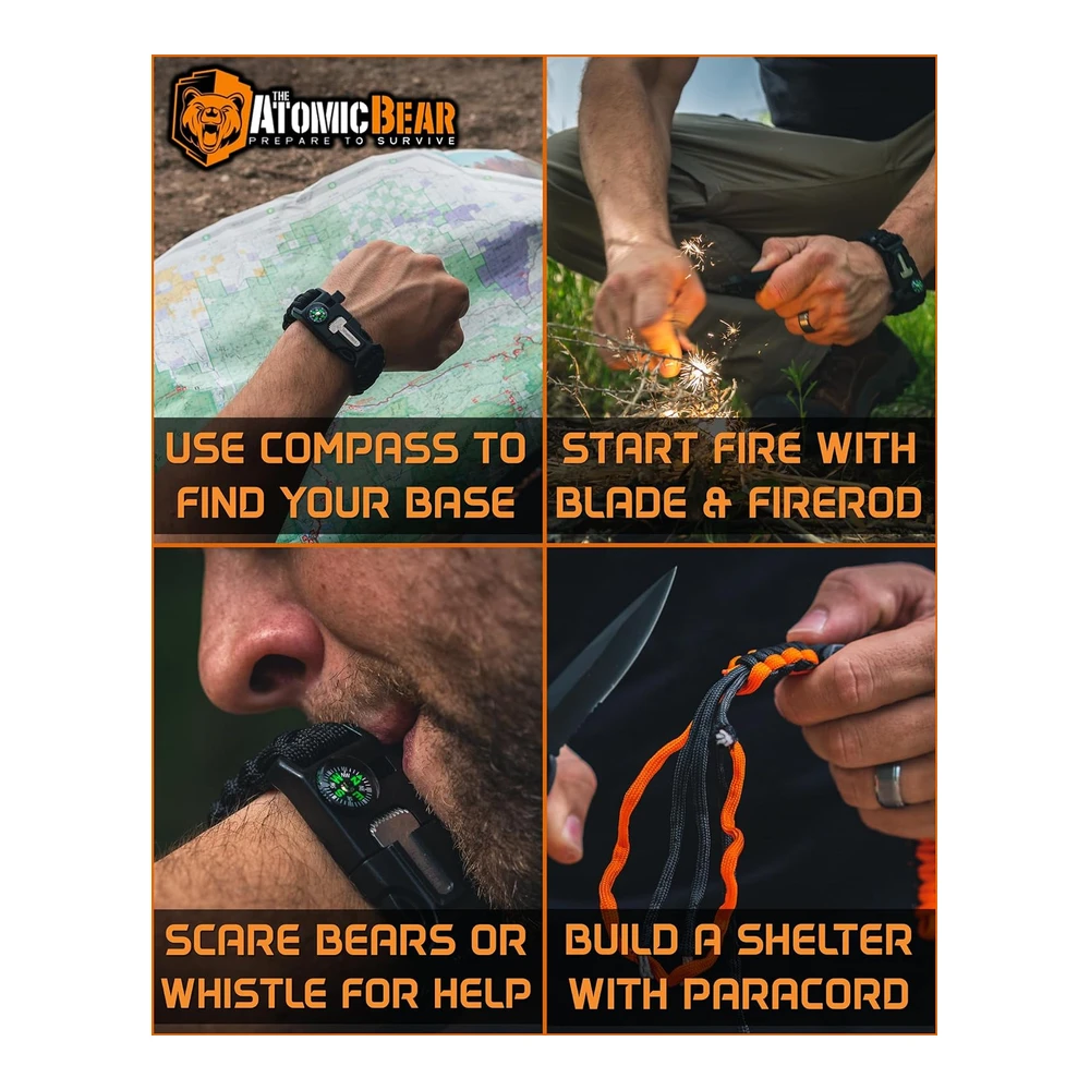Pulsera de Supervivencia (Paquete de 2) Paracord 550 - Brújula - Encender Fuego - Silbato - Cuchillo de Emergencia - Equipo para Senderismo - Campamentos - Pesca - Caza - Prepárate para Sobrevivir - Color - Negro - Negro y Naranja