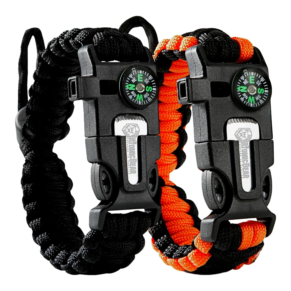 Pulsera de Supervivencia (Paquete de 2) Paracord 550 - Brújula - Encender Fuego - Silbato - Cuchillo de Emergencia - Equipo para Senderismo - Campamentos - Pesca - Caza - Prepárate para Sobrevivir - Color - Negro - Negro y Naranja