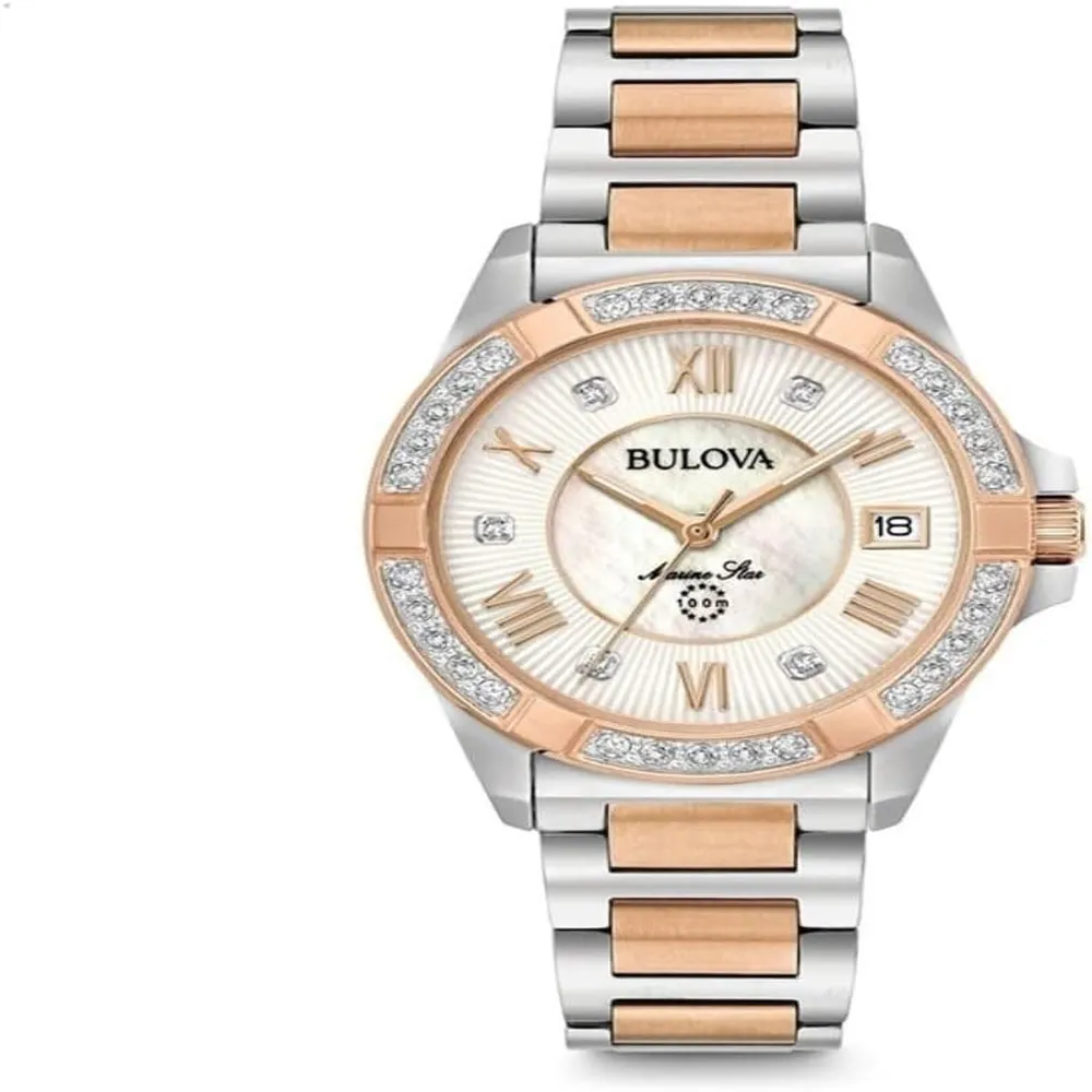 Bulova reloj Marine Star mujer serie L cuarzo 3 agujas fecha día y diamantes | Oro Rosa