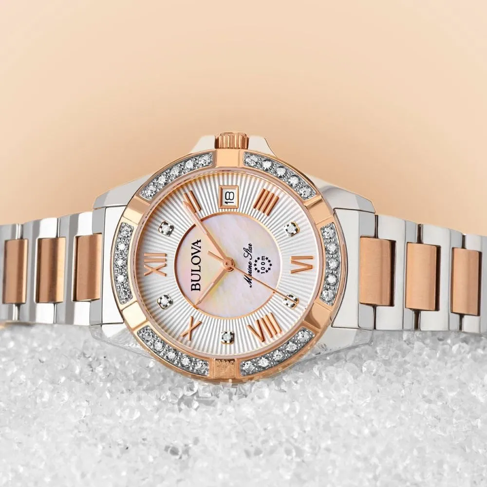 b01m7x204m_2_webp.webp Bulova reloj Marine Star mujer serie L cuarzo 3 agujas fecha día y diamantes | Oro Rosa