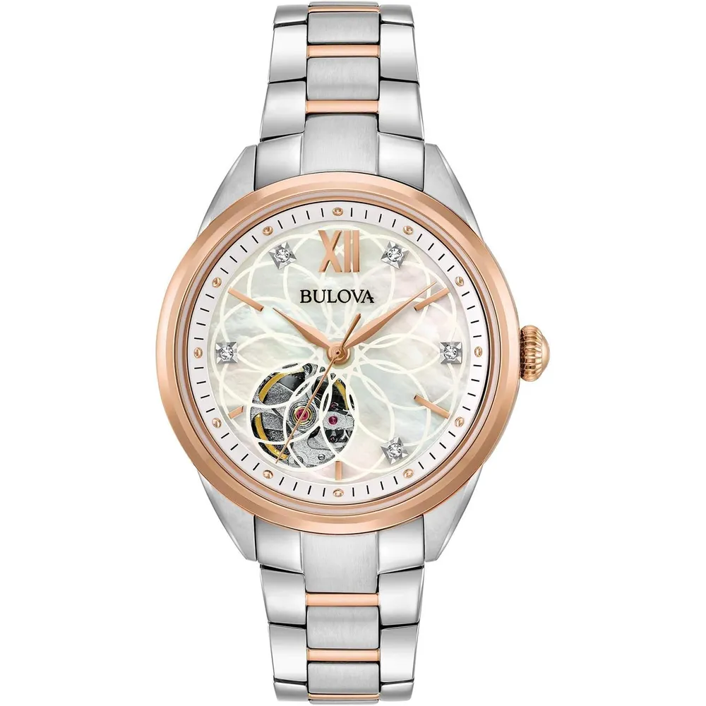 Bulova reloj clásico automático mujer 3 agujas diamantes acero nácar apertura | Oro Rosa