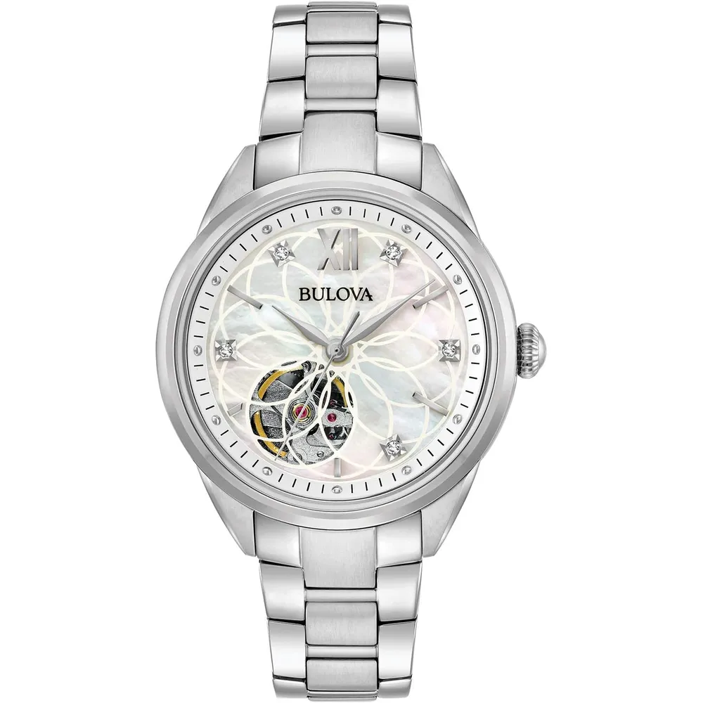 Bulova reloj clásico automático mujer 3 agujas diamantes acero nácar apertura | Plateado