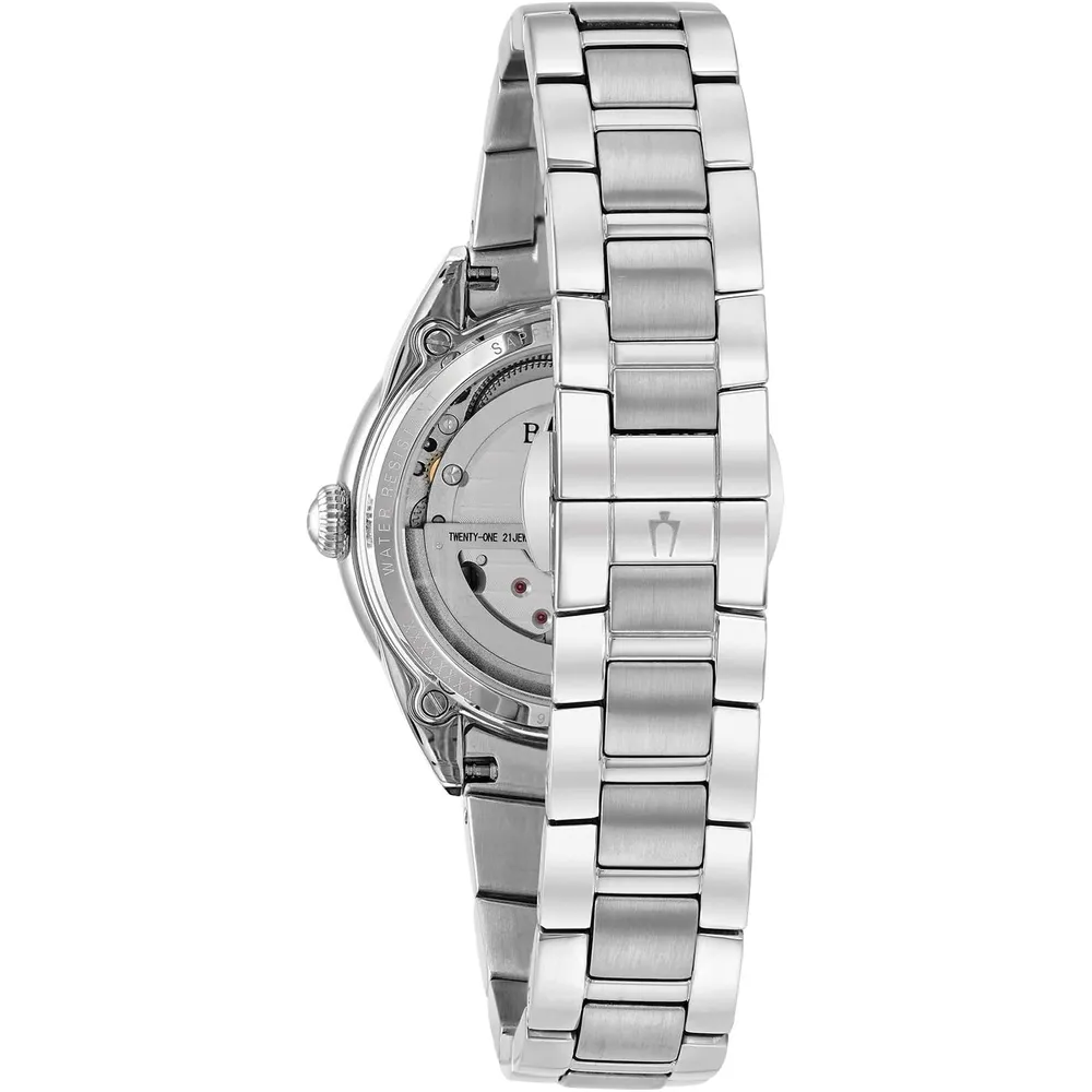 Bulova reloj clásico automático mujer 3 agujas diamantes acero nácar apertura | Plateado