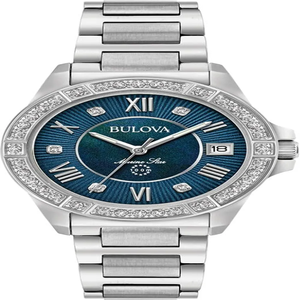 Bulova reloj Marine Star mujer serie L cuarzo 3 agujas fecha día y diamantes | Plata