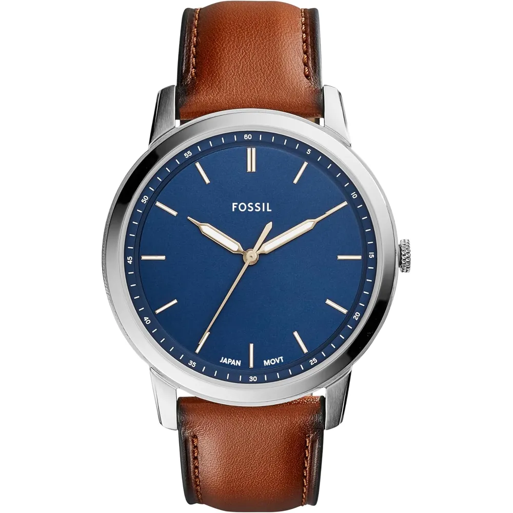 Fossil reloj minimalista de cuarzo para hombre con correa de cuero | 44 mm - Cuero Marrón/Plata/Azul