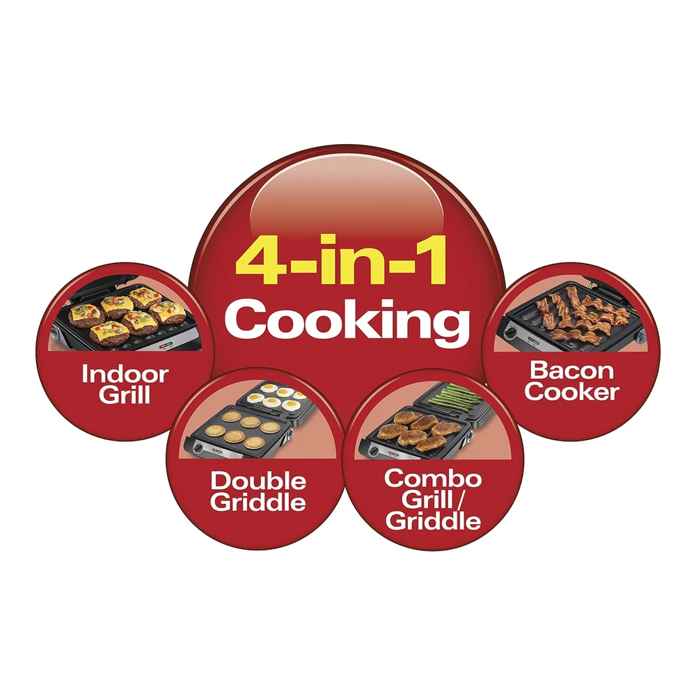 HAMILTON BEACH MULTIPARRILLA. PARRILLA PARA INTERIOR. PLANCHA PARA COCINAR TOCINO - COCINA 4-EN-1 - NEGRO