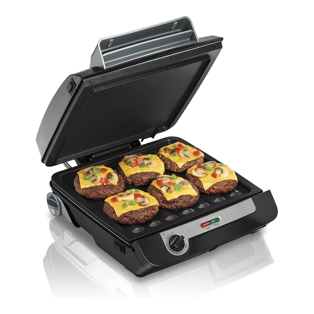 HAMILTON BEACH MULTIPARRILLA. PARRILLA PARA INTERIOR. PLANCHA PARA COCINAR TOCINO - COCINA 4-EN-1 - NEGRO
