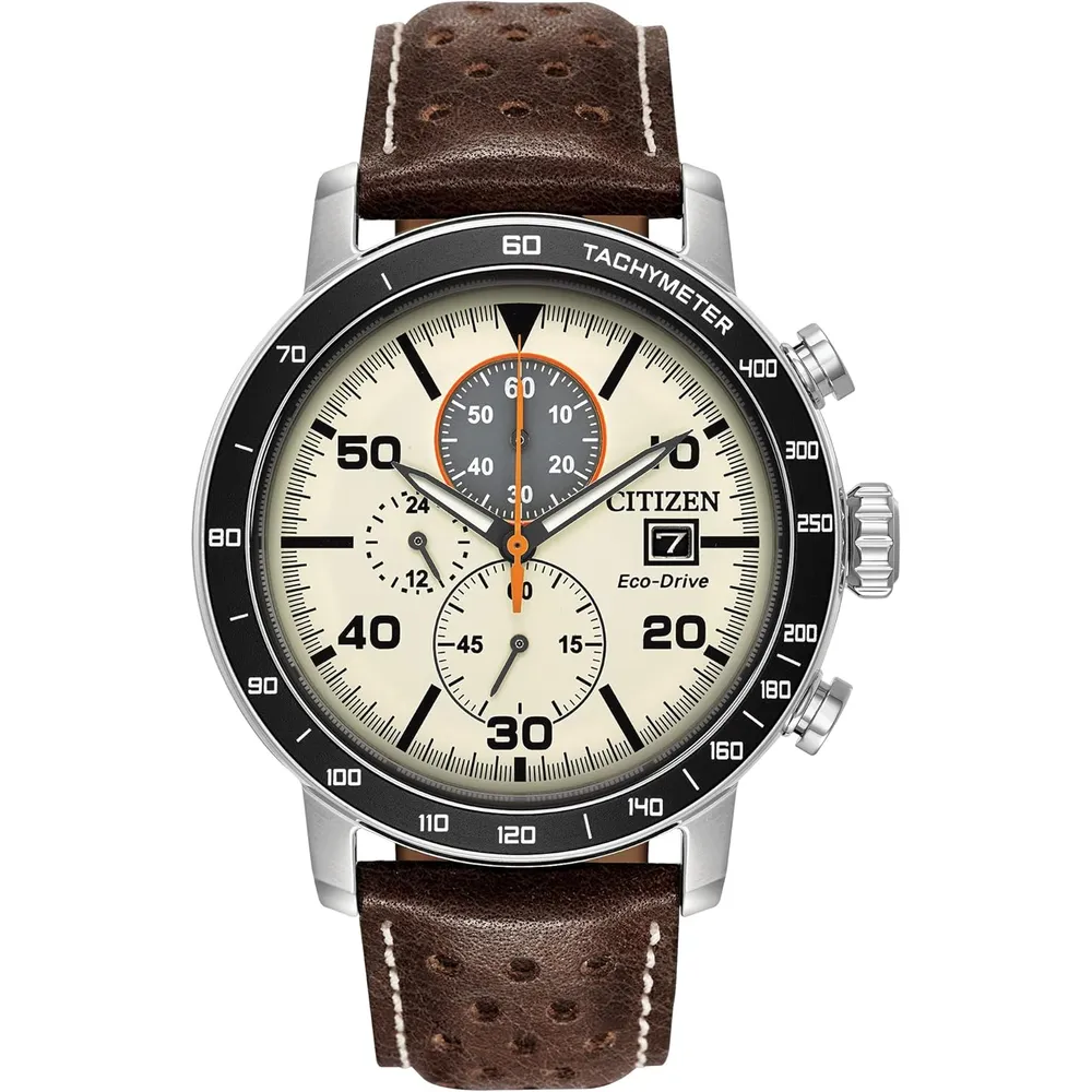 Citizen CA0850-59L reloj Brycen Eco-Drive cronógrafo para hombre en acero | 44 mm - Marrón/marfil