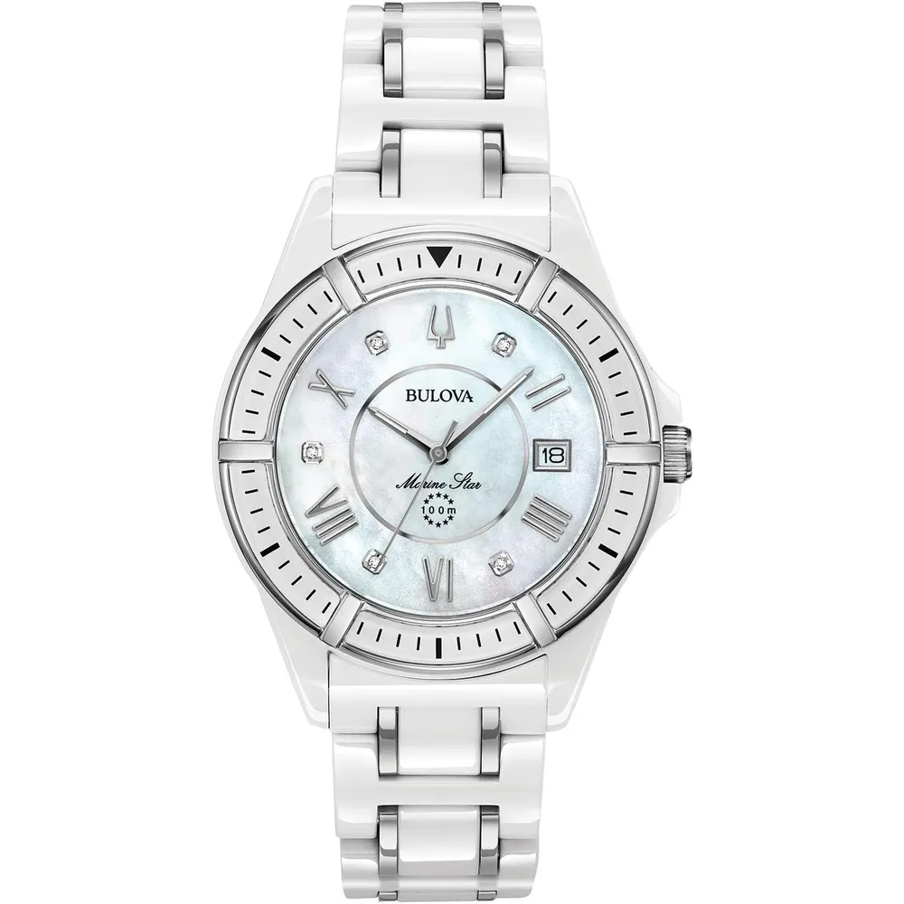 Bulova reloj Marine Star mujer serie L cuarzo 3 agujas fecha día y diamantes | Plateado