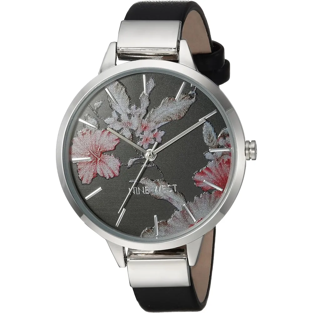 Nine West NW-2044FLBY reloj con esfera decorada y correa lisa para mujer | 38 mm - Negro/Plata