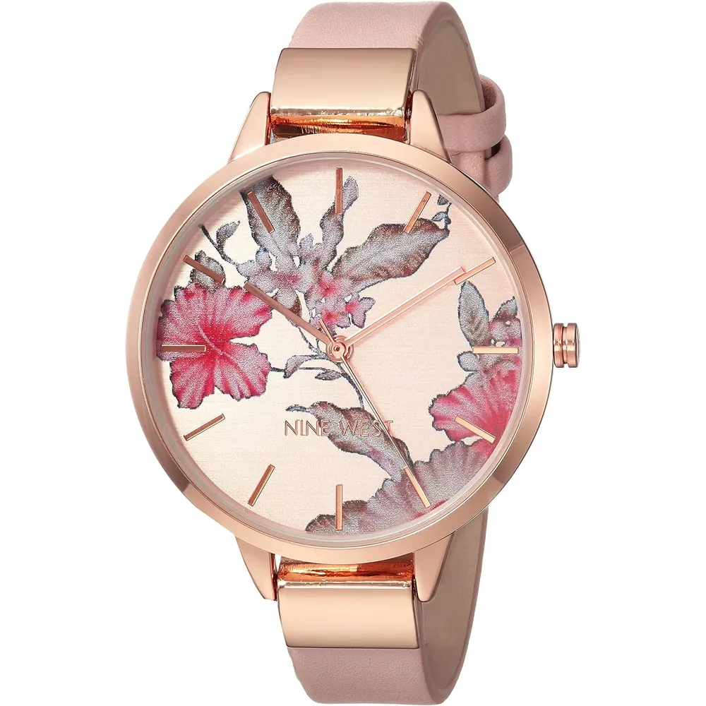 Nine West NW-2044FLBY reloj con esfera decorada y correa lisa para mujer | 38 mm - Rosado/Oro rosa