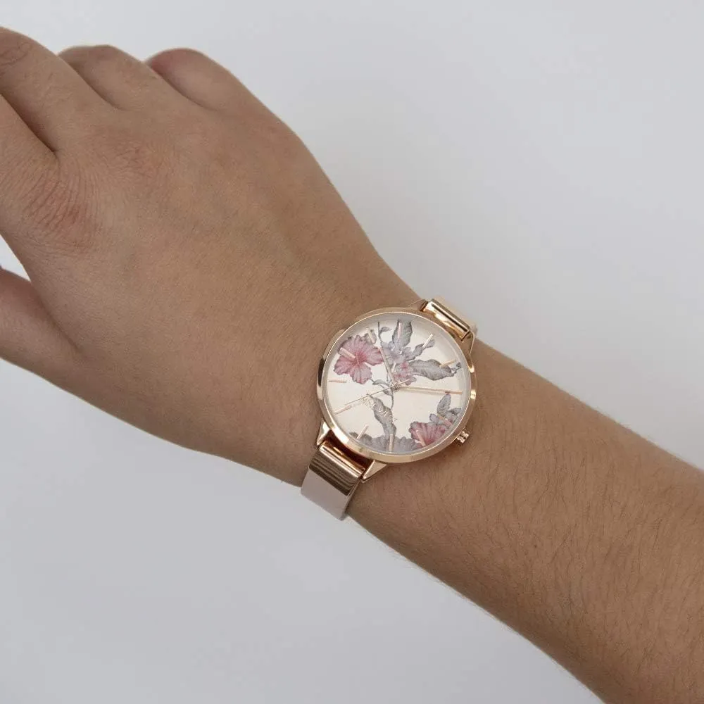 Nine West NW-2044FLBY reloj con esfera decorada y correa lisa para mujer | 38 mm - Rosado/Oro rosa