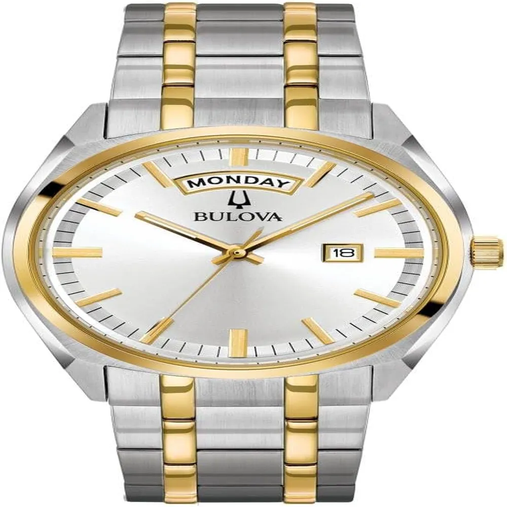 Bulova reloj clásico Surveyor hombre cuarzo dos agujas día y fecha | Plateado