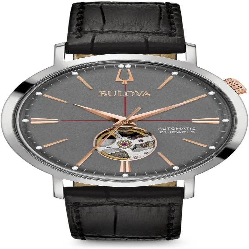 Bulova reloj Aerojet hombre automático 3 agujas correa piel apertura mineral | Negro