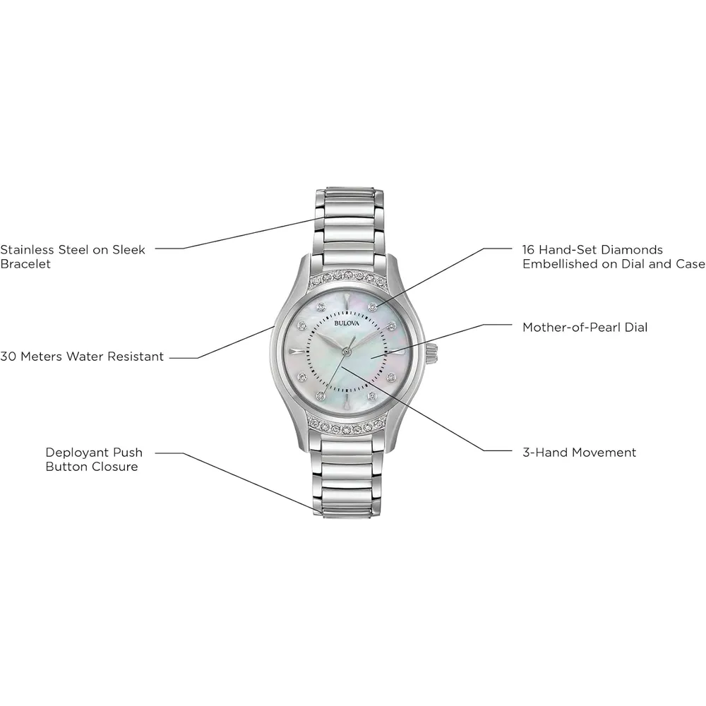 Bulova reloj clásico mujer con diamantes 3 agujas de cuarzo acero inoxidable | Plata