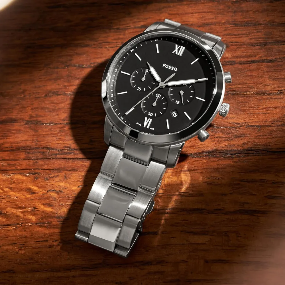 Fossil reloj cronógrafo Neutra de cuarzo para hombre, acero y cuero | Plata