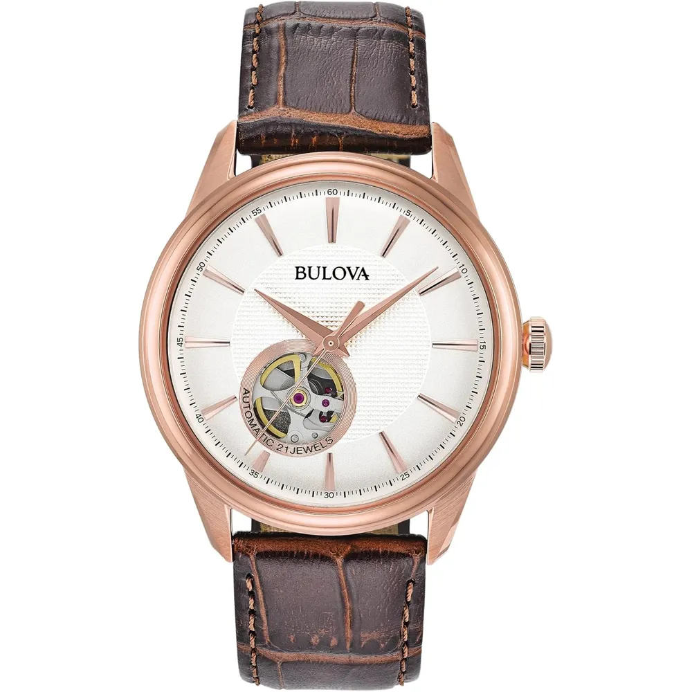 Bulova reloj clásico automático hombre correa de cuero apertura y segundero | Marrón