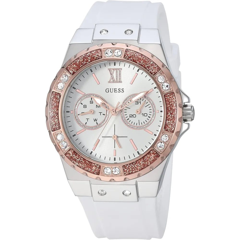 GUESS Reloj de silicona resistente a las manchas de acero inoxidable para mujer | Oro Rosa - Blanco