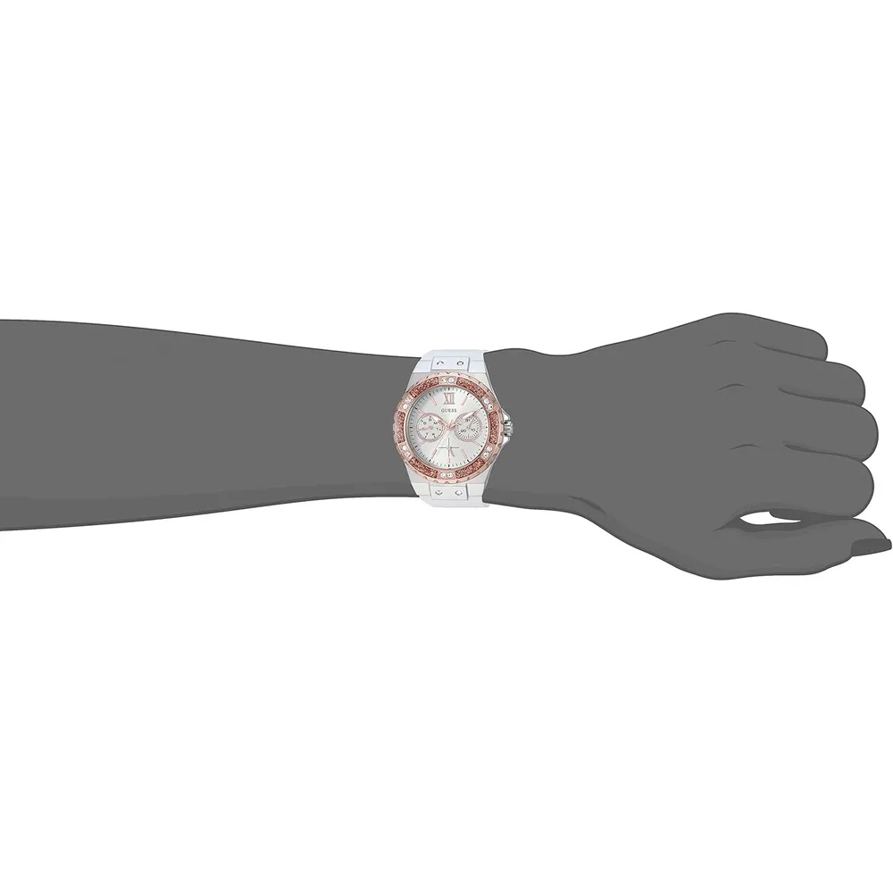 GUESS Reloj de silicona resistente a las manchas de acero inoxidable para mujer | Oro Rosa - Blanco