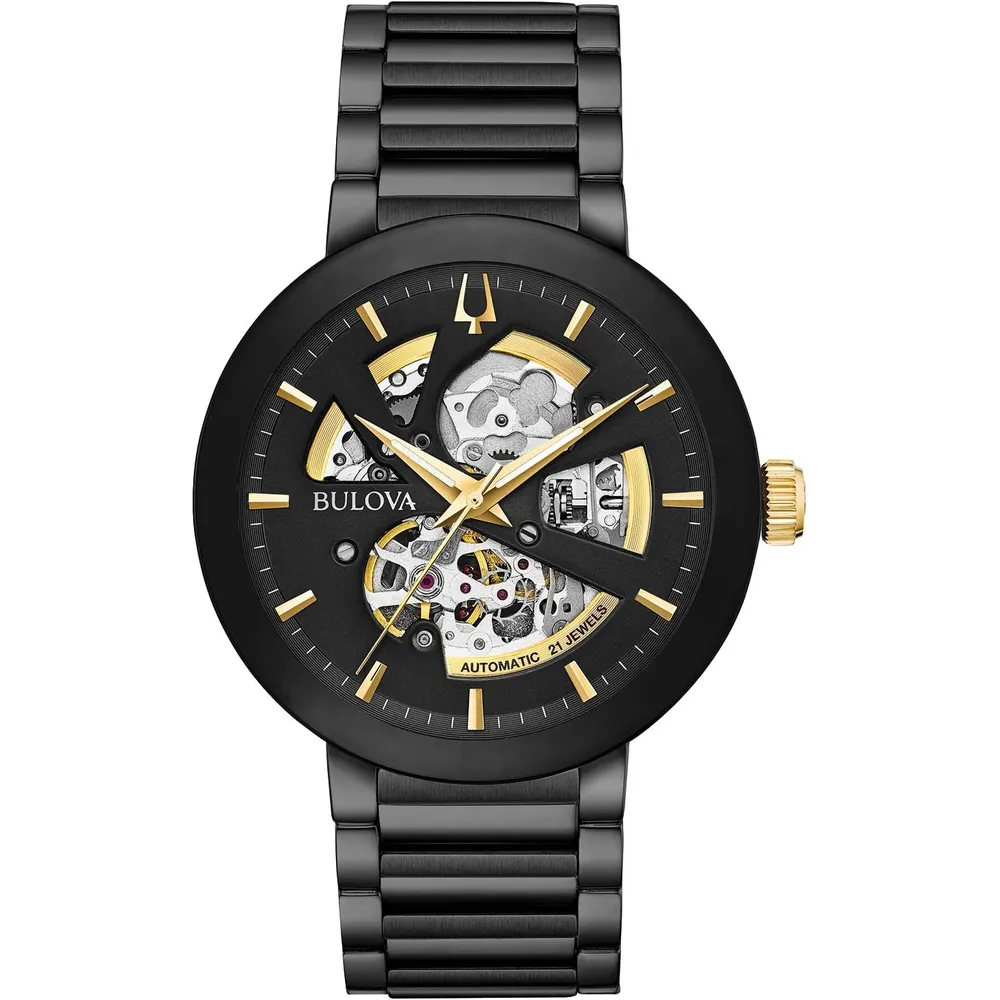 Bulova reloj moderno hombre automático 3 agujas apertura cristal borde | Negro / Dorado