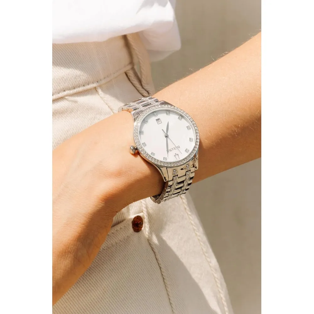 Bulova reloj clásico mujer cuarzo acero inoxidable cristales 3 agujas nácar | Plateado