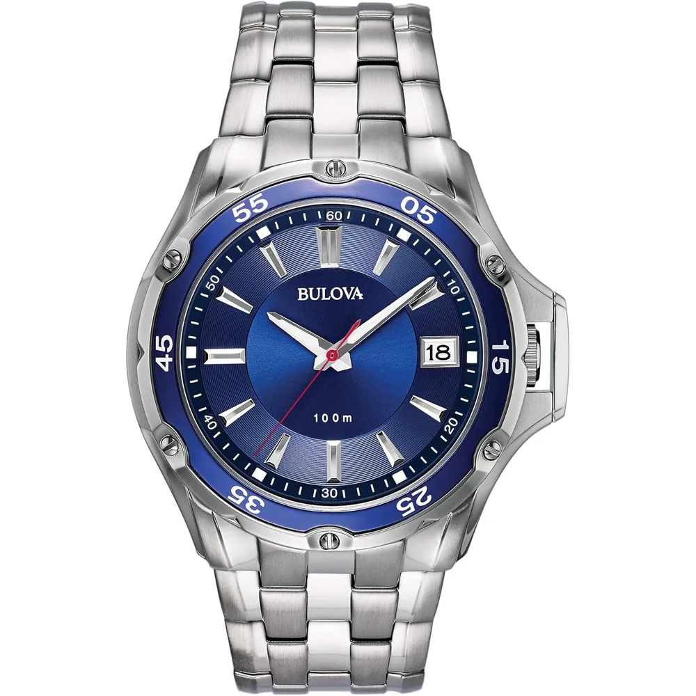 Bulova reloj clásico hombre acero inoxidable cuarzo 3 agujas calendario | Plateado/Azul