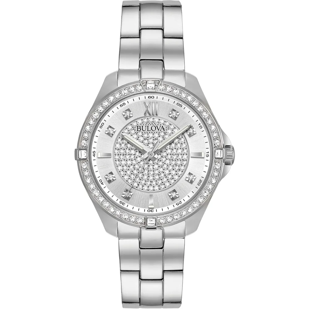 Bulova reloj clásico mujer cuarzo acero inoxidable cristales dos agujas pavé | Plateado