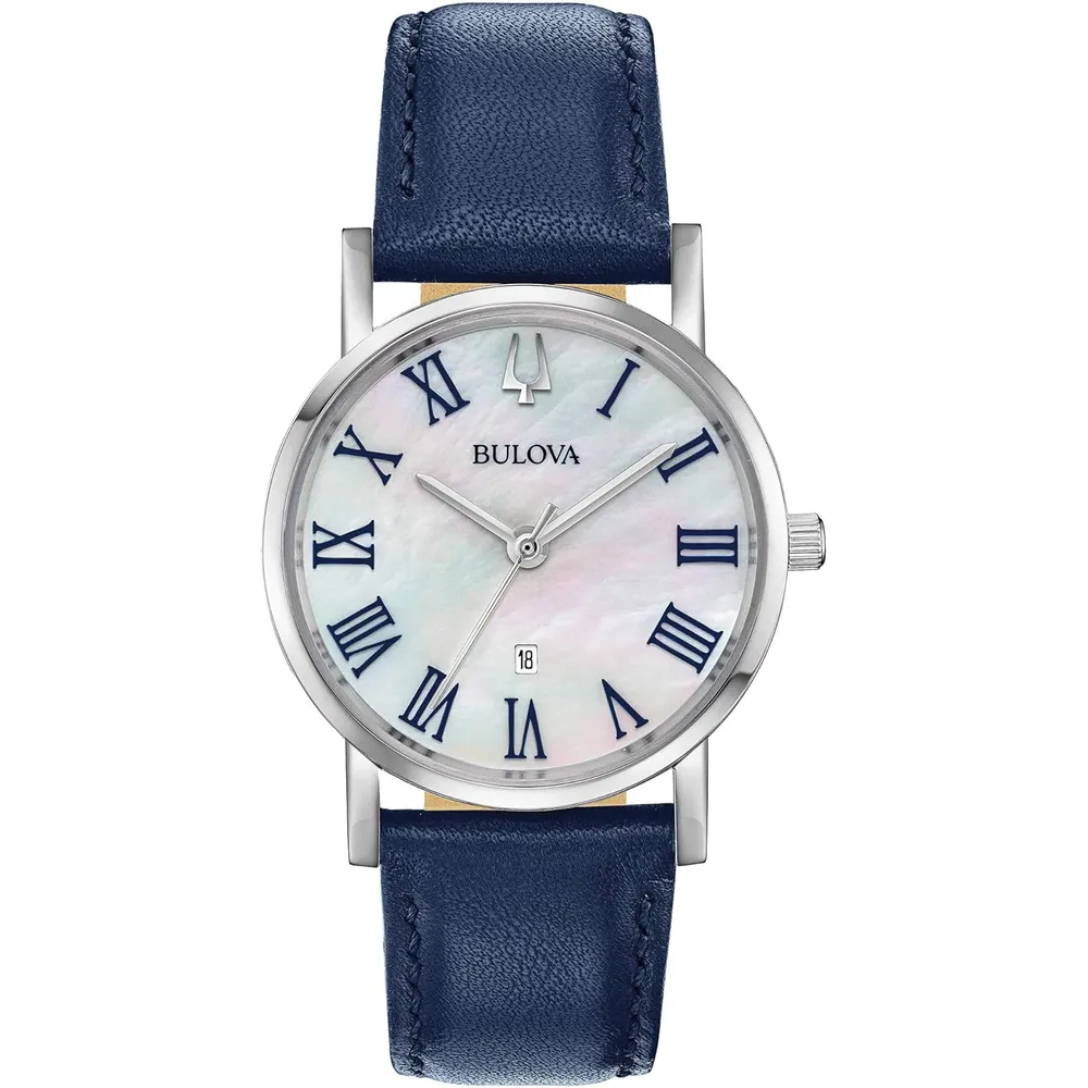 Bulova reloj clásico mujer cuarzo 3 agujas fecha correa piel delgado | Azul
