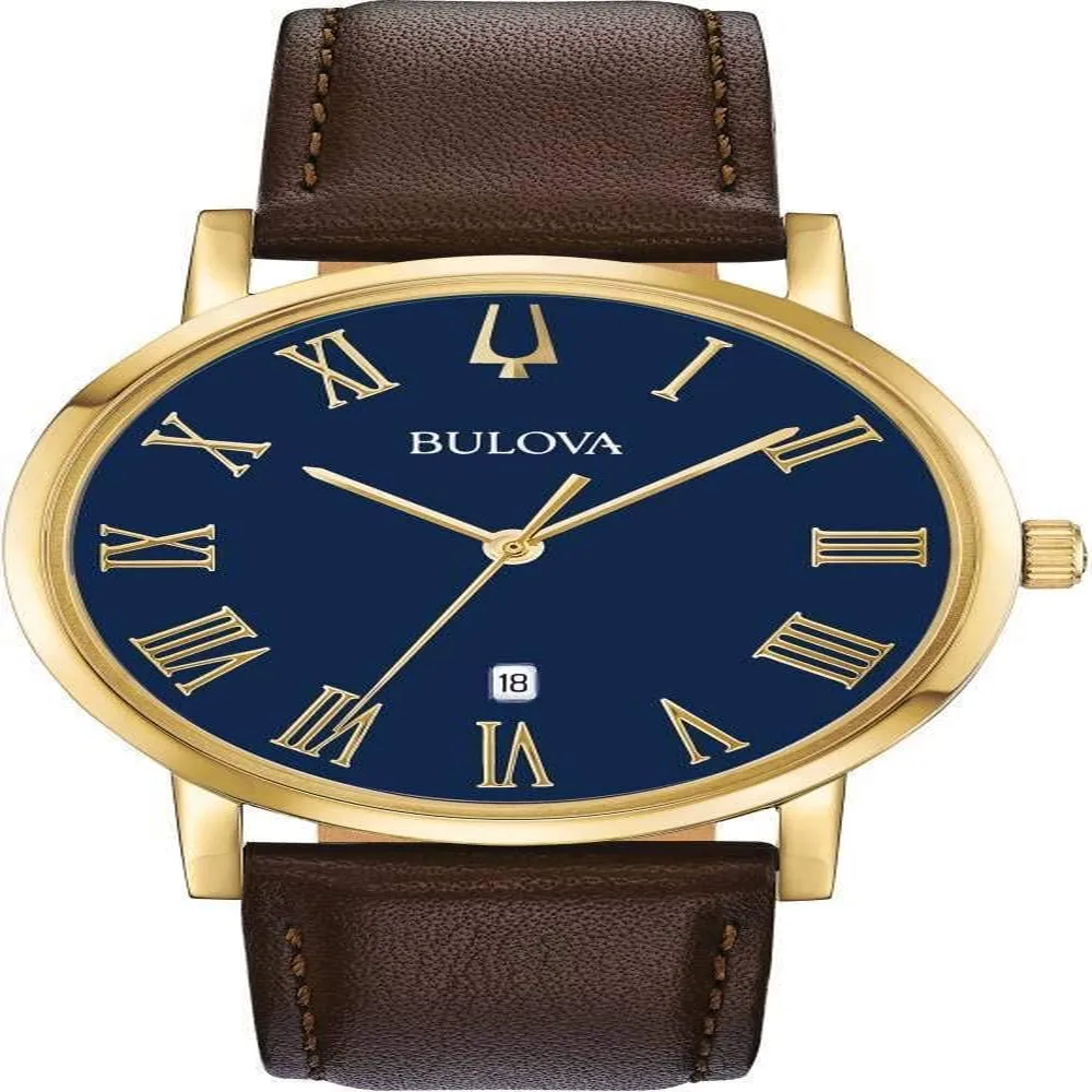 Bulova reloj clásico hombre cuarzo 3 agujas calendario fecha correa cuero | Marrón