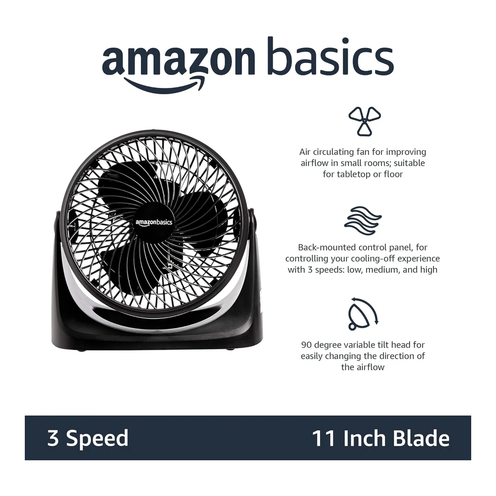 AMAZON BASICS VENTILADOR DE MESA 11" – CIRCULADOR SILENCIOSO DE 3 VELOCIDADES – NEGRO