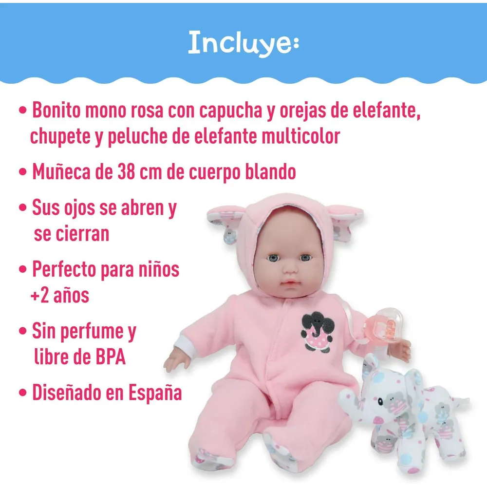 BERENGUER muñeca bebé 15"/38 cm con accesorios | Tema del elefante rosa