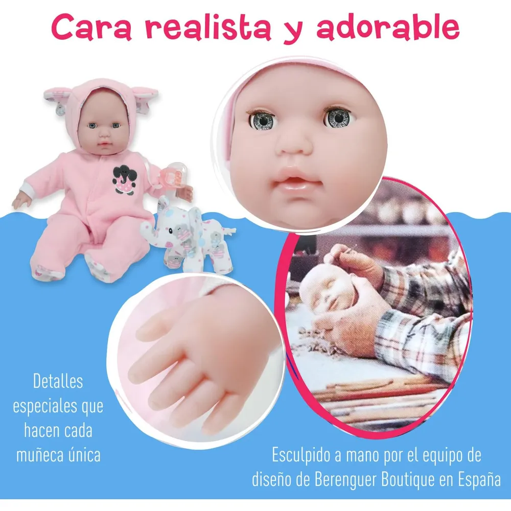 BERENGUER muñeca bebé 15"/38 cm con accesorios | Tema del elefante rosa