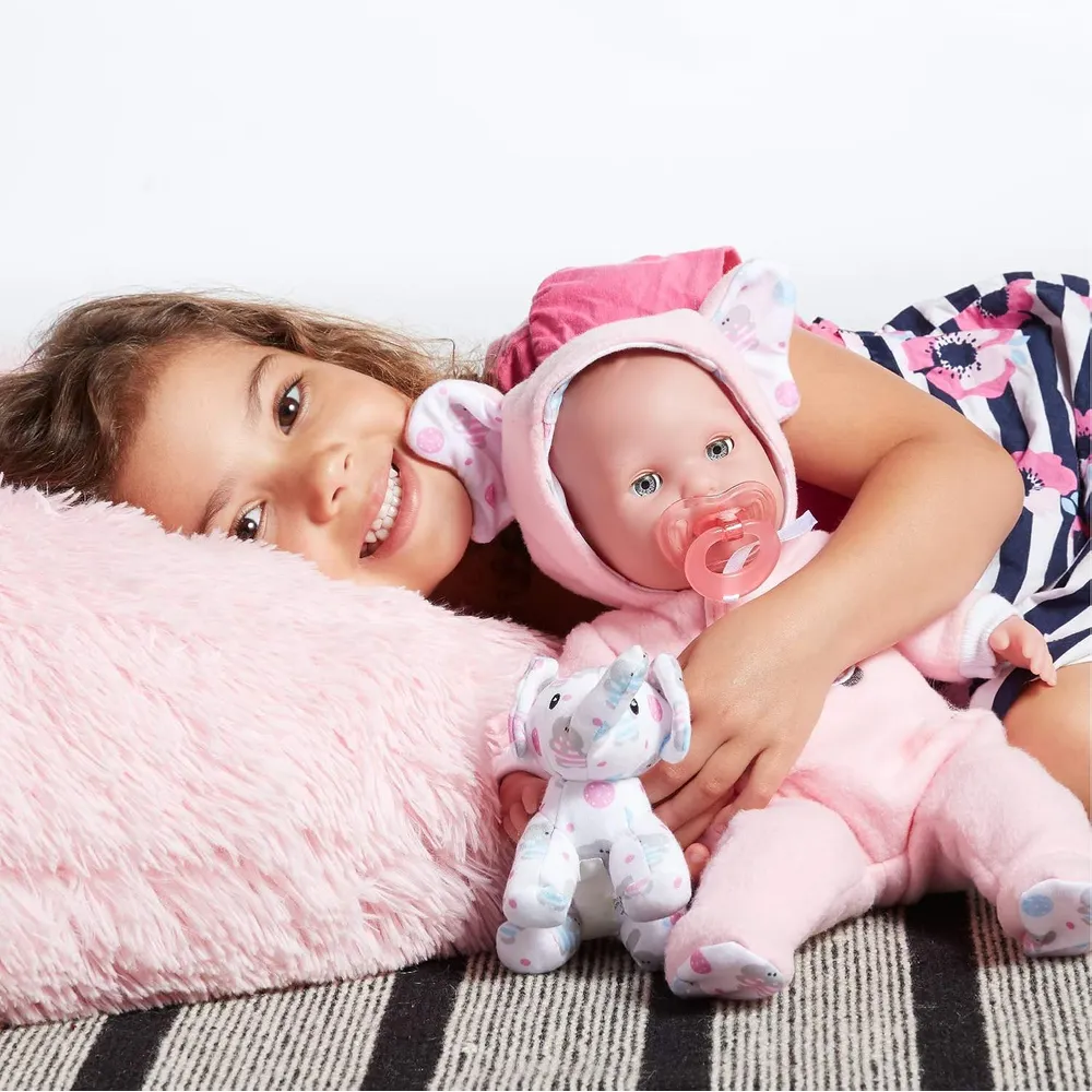 BERENGUER muñeca bebé 15"/38 cm con accesorios | Tema del elefante rosa
