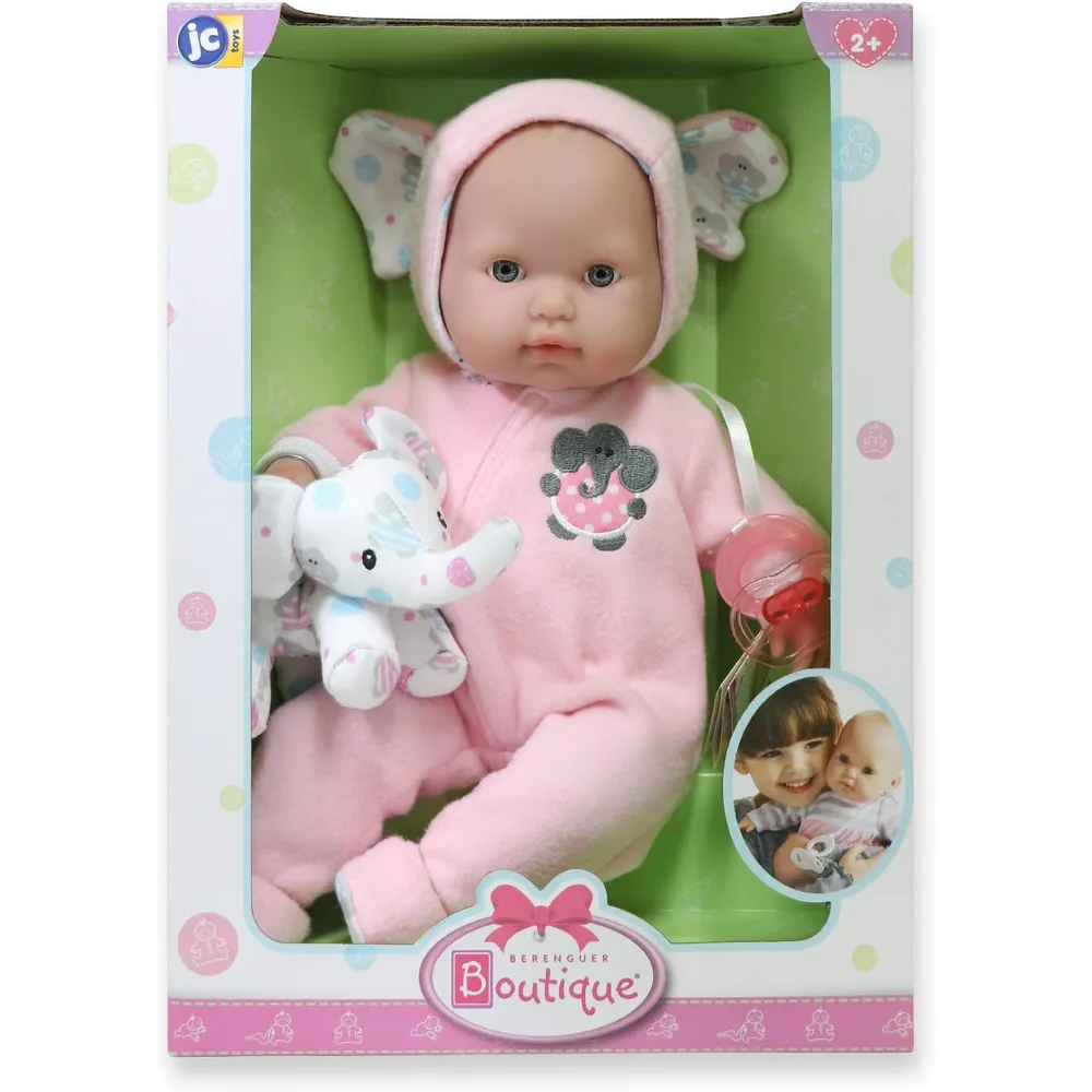 BERENGUER muñeca bebé 15"/38 cm con accesorios | Tema del elefante rosa