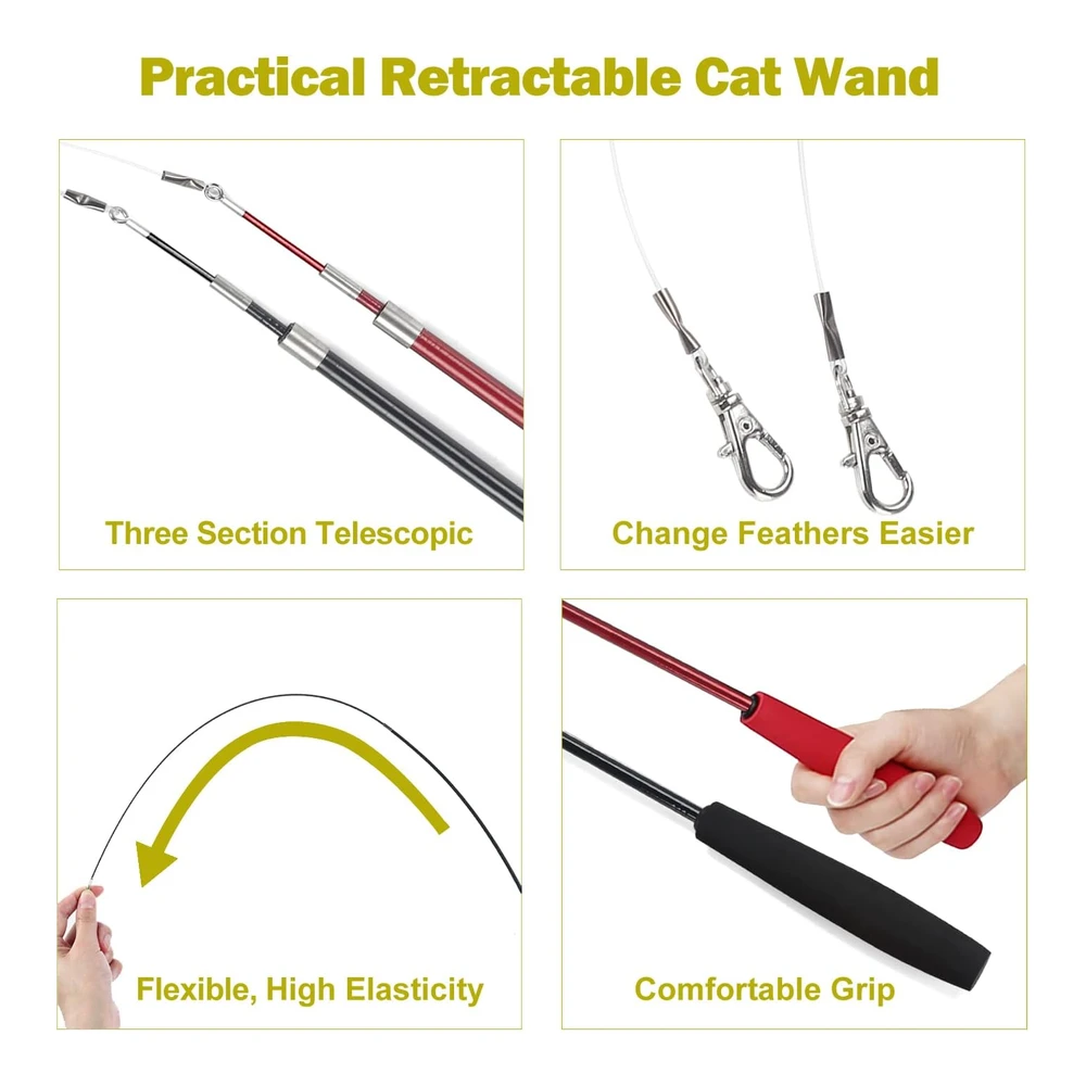 Meohui Juguetes para Gatos 2 Piezas de Varita Retráctil y 9 Piezas de Recambios de Juguetes de Plumas Caña de Pescar | Multicolor