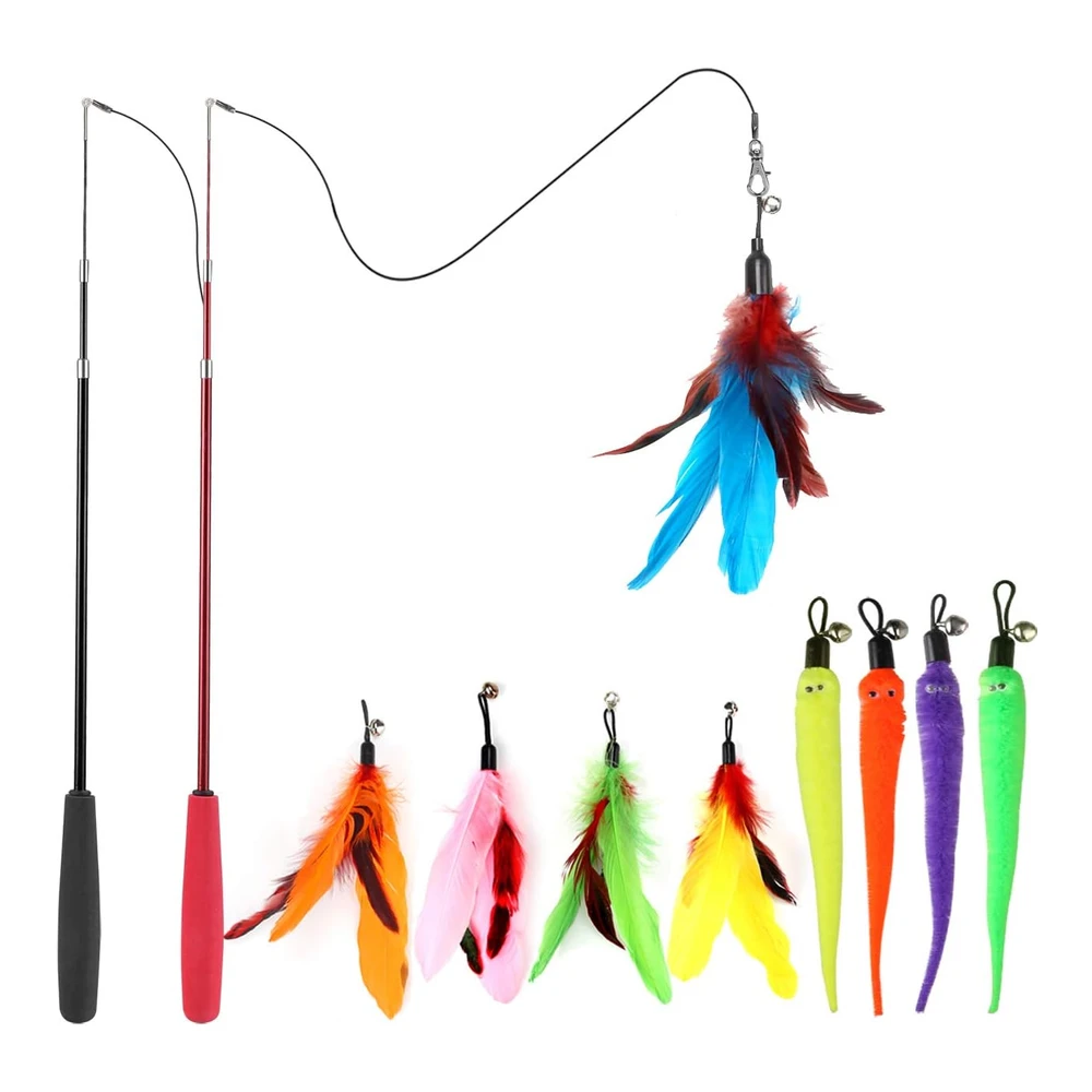 Meohui Juguetes para Gatos 2 Piezas de Varita Retráctil y 9 Piezas de Recambios de Juguetes de Plumas Caña de Pescar | Multicolor