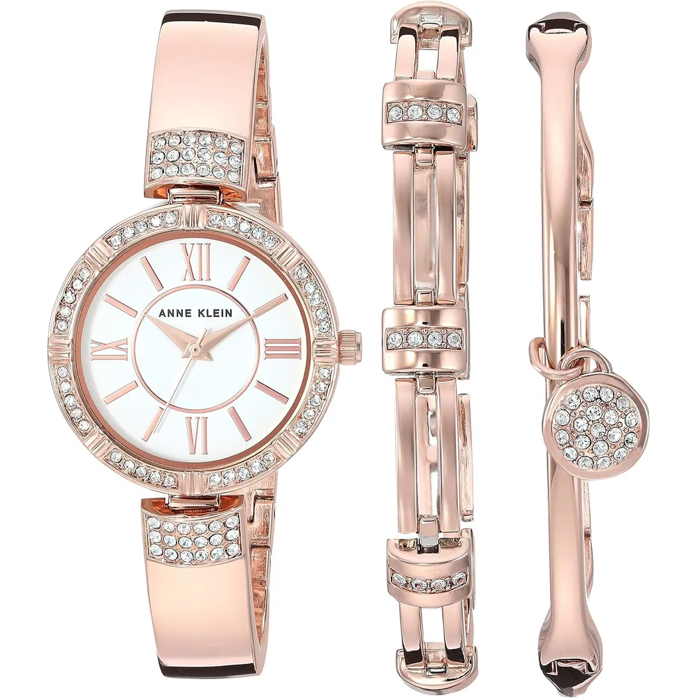 Anne Klein AK/3295SVST set para mujer: reloj con cristales y pulseras | 28 mm - Oro Rosa