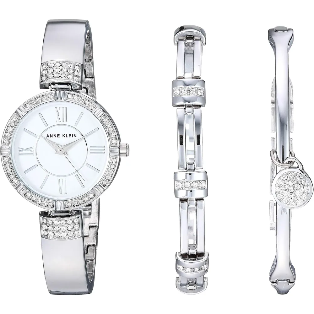 Anne Klein AK/3295SVST set para mujer: reloj con cristales y pulseras | 28 mm - Plateado