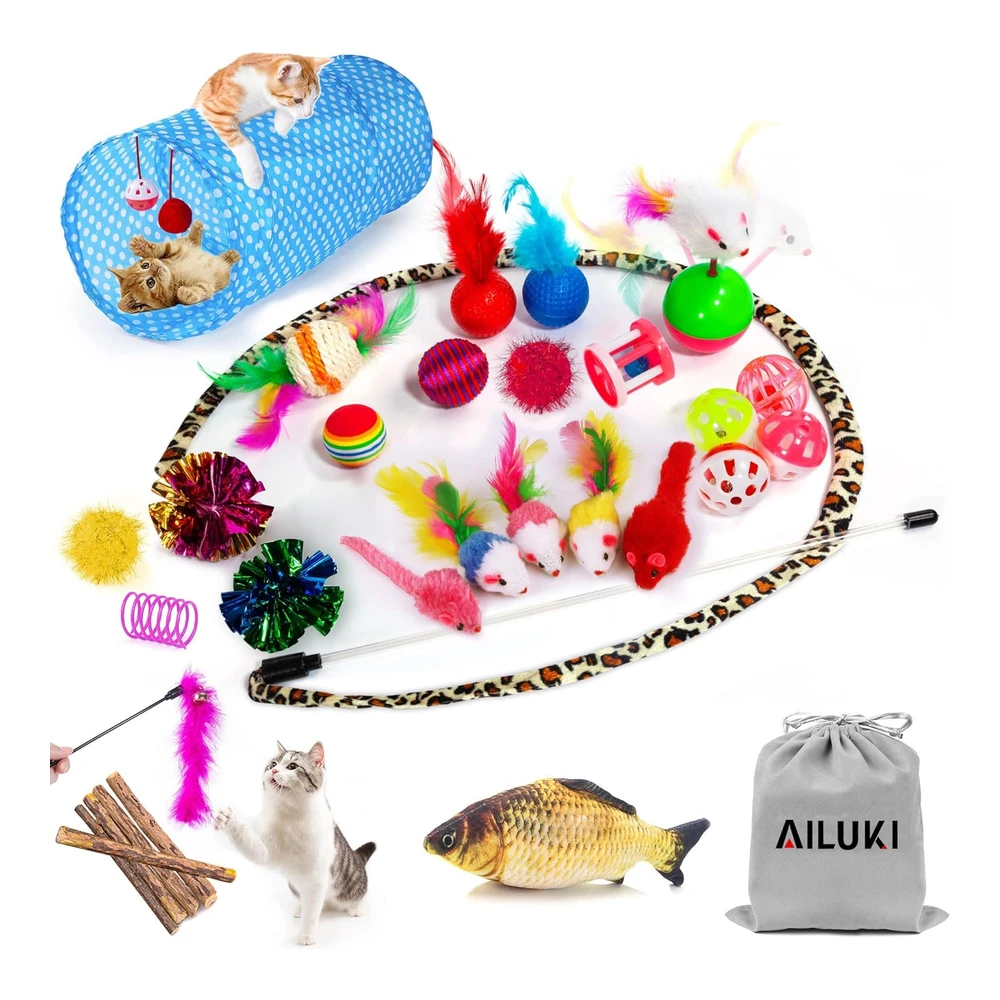 Ailuki 31 Piezas de Juguetes para Gatos Surtidos Incluye Túnel de 2 Vías Teaser de Plumas de Gato Pez Hierba Gatera Entre Otras | Multicolor