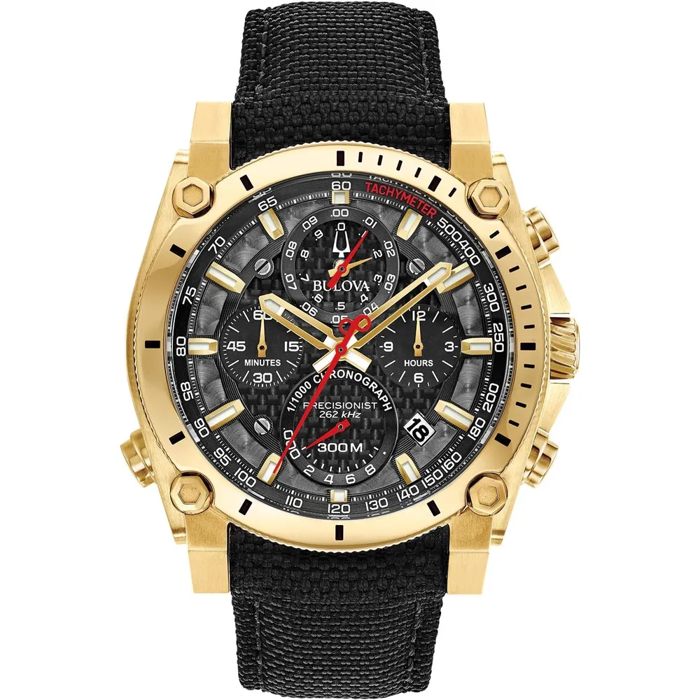 Bulova reloj cronógrafo Precisionist hombre acero inoxidable correa de nailon | Negro/Dorado